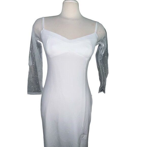 Lulus Eternally Beloved White Mesh Off-the-Shoulder Pearl Maxi Wedding Dress Sz - Picture 5 of 16